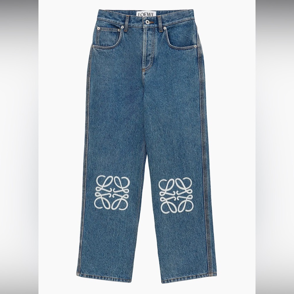 Loewe Anagram Logo Blue Jeans with White Embroidery